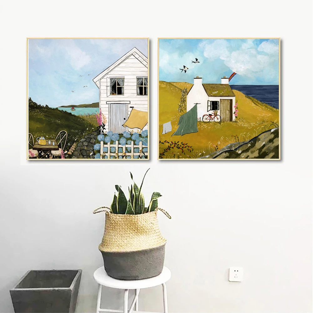Nordic Coastal Dweller Illustration Print Cozy Summer Landscape Painting Canvas Poster Nautical Artwork Canvas Painting Decor