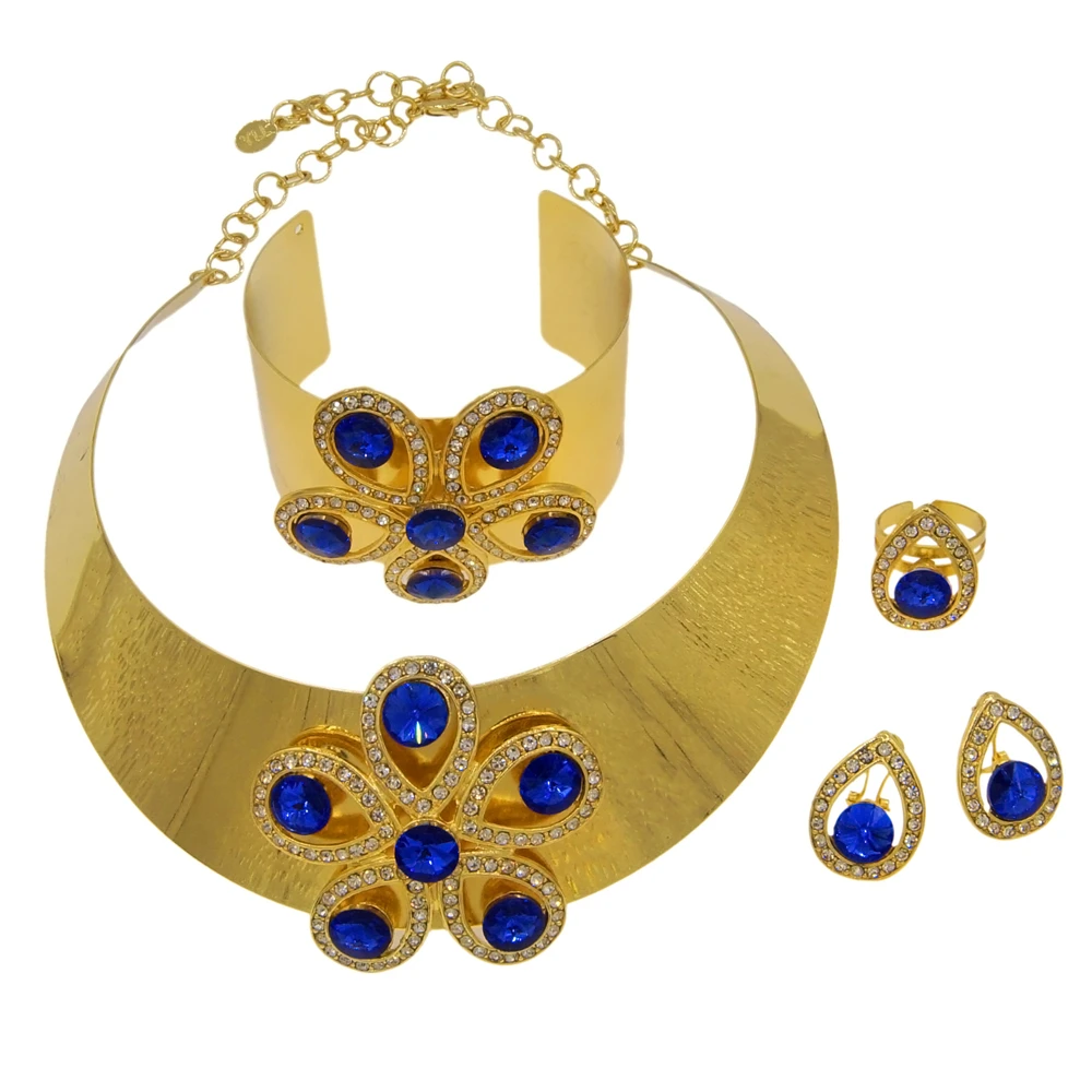 Woman Jewelry Set Dubai Gold Shine Blue Crystal Necklace Bracelet Brazilian Jewelry Wedding Banquet Party Fashion Bijoux