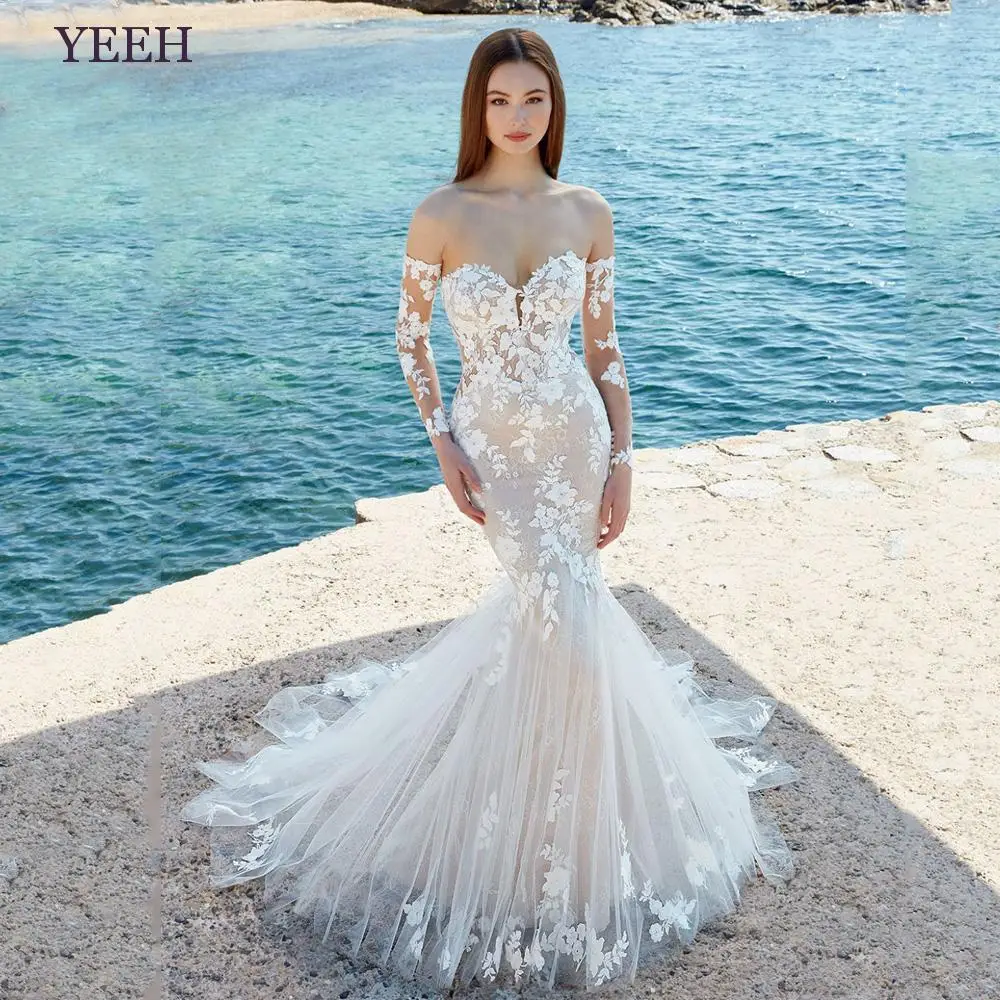 

YEEH Sexy Mermaid Appliques Wedding Dresses For Women Luxury Tulle Sweetheart Backless Bridal Gown Sweep Train Vestido De Novia