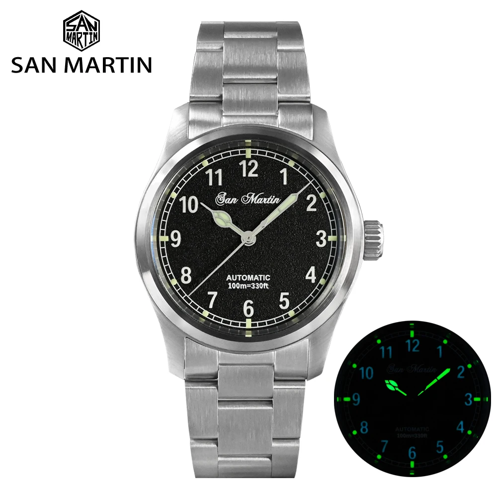 San Martin-reloj mecánico automático para hombre y mujer, accesorio de pulsera de estilo militar Simple, de 37mm, con diseño de piloto Miyota 8215, con 10 barras luminosas