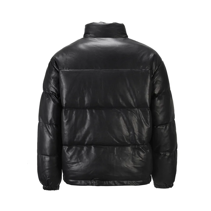 High Street Winter New Men'S Cotton Coat Simple Style Pu Leather Solid Color Stand Collar Zip Thick Coat
