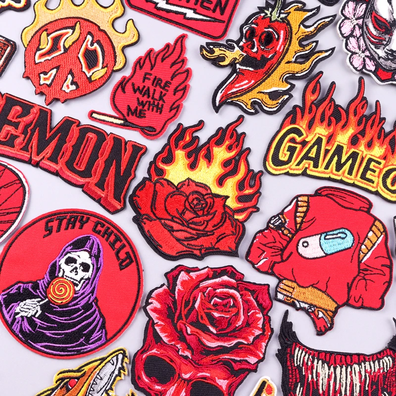 

Red Punk Patch Iron On Patches On Clothes Flame Flower Skull Embroidered Patches For Clothing DIY Hook Loop Patch For Clothes