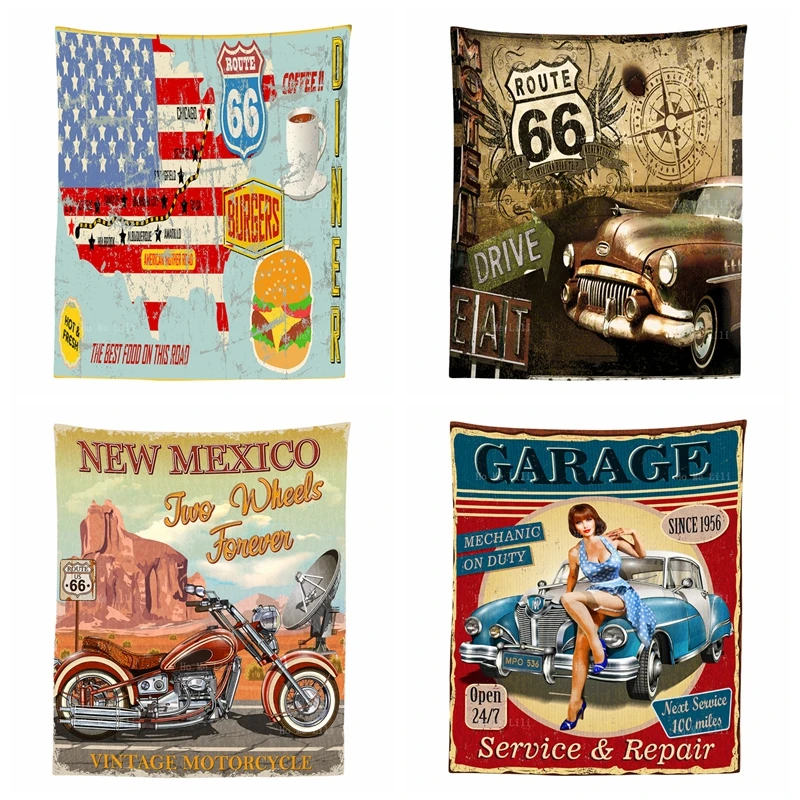 

American Retro Style Route 66 Motel Metal Sign Car Poster With Pin Up Girl High Quality Farbic Tapestry By Ho Me Lili