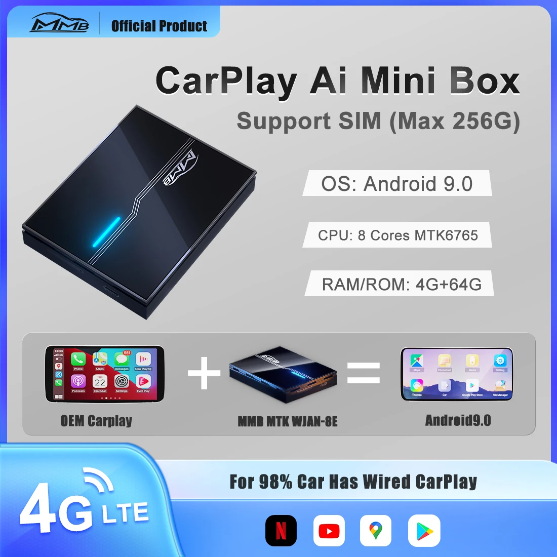 

MMB PLUS Android 9 Carplay Ai Box for Mercedes Benz A B C E S CLA CLS GLC GLE GLS W205 S450 Wireless Apple Carplay Dongle HDMI