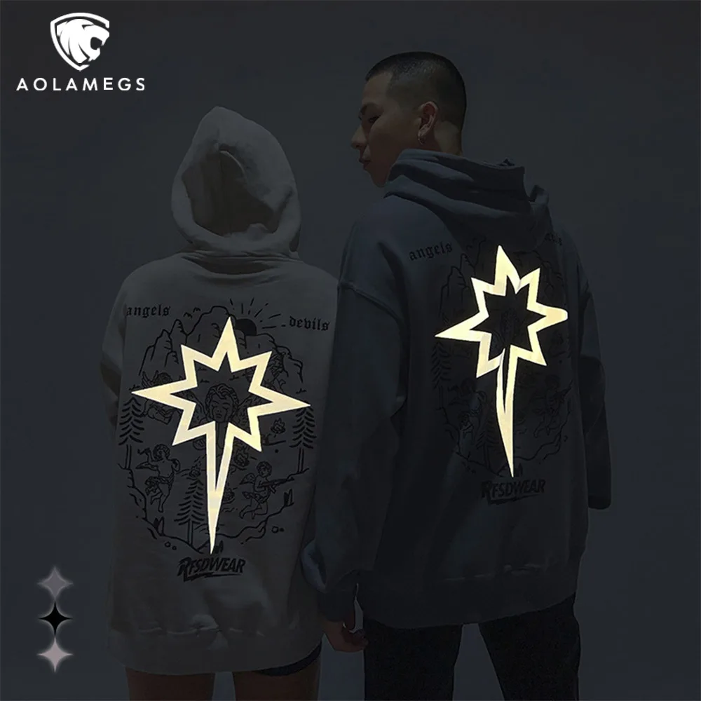 

Hip Hop Men's Hoodie Sweatshirt Vintage Reflective Star Print Hooded Pullover Casual High Street Couple Fashion Tops Streetwear