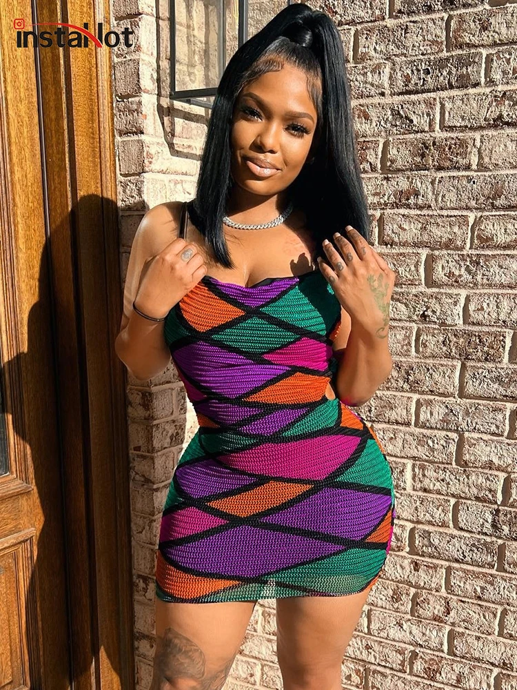 

InstaHot Y2K Backless Lace Up Dress Slip Women Sexy Hollow Out Sleeveless Bodycon Mini Dress Prismatic Print Summer Beachwear