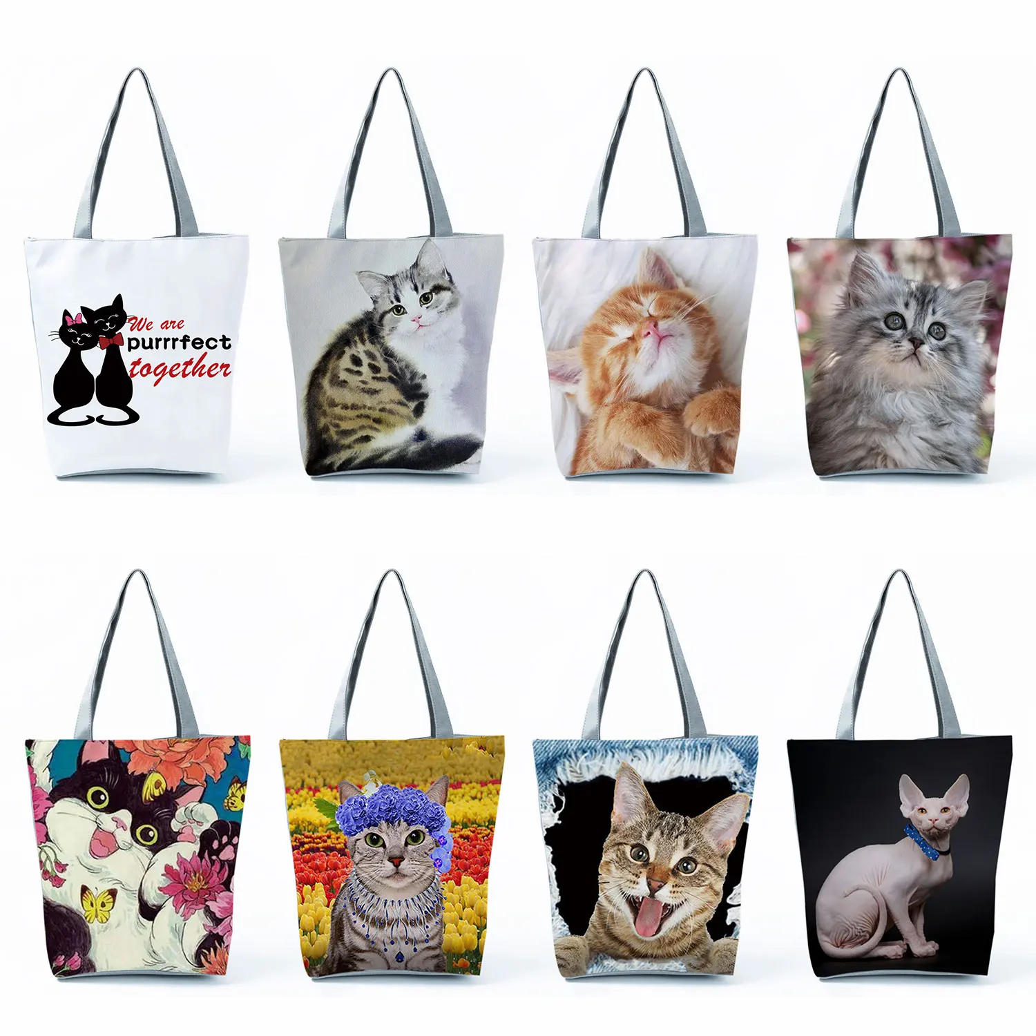 

Новые сумки с принтом кошек для женщин, сумки для покупок, повседневные складные милые вместительные пляжные дорожные сумки через плечо с животными