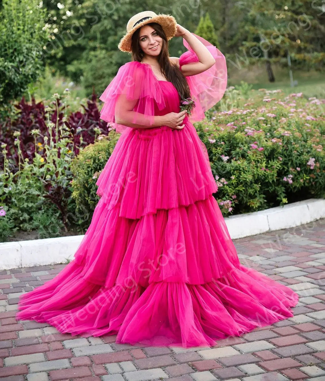 

Fuchsia Maternity Dress for Photography Ruffles Sleeve Tulle Long Pregnant Photoshoot Robe Photo Shoot Dresses Women Baby Shower