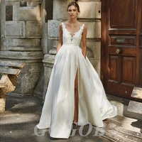 gogob elegant satin appliqued r144 wedding dress party gowns deep v neck high slit open back bow beach custom made bridal dress