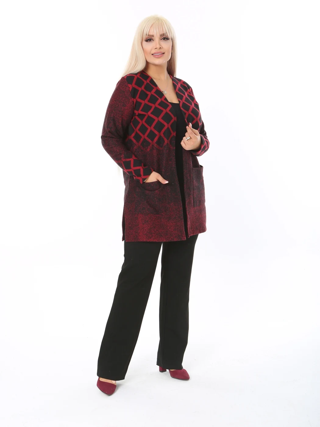 Plus Size Woman Cardigan Short 2022 Outwear Autumn Spring Square Pattern Cotton V-Neck Open Stitch XL 2XL 3XL 4XL Made in Turkey