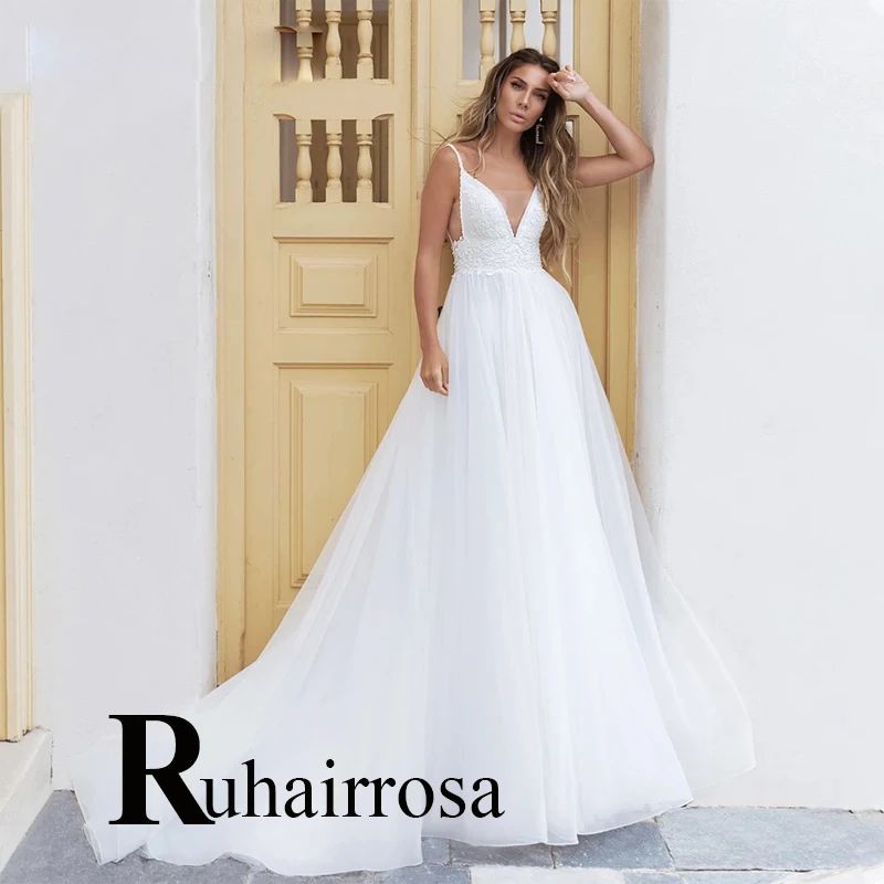 

Ruhair Simple Modern Wedding Dresses Scoop Court Train Spaghetti Straps Appliques Made To Order Vestidos De Novia Brautmode