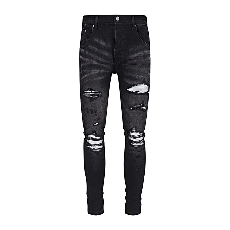 

Luxury Distressed Denim Pants Skinny Stretch Destroyed Holes Ribs Patches Slim Ripped Jeans Streetwear for Men