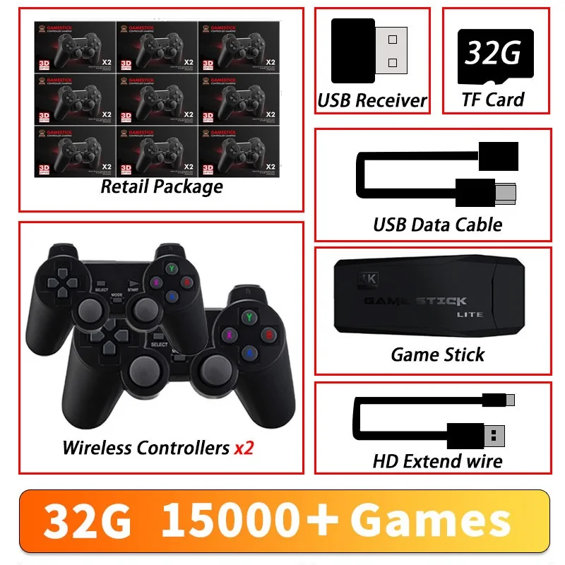 

Video Game Stick 4K HD Dual Handle Portable Home 32G 40000 Game Console For PSP PS1 GBA 60FPS HDMI