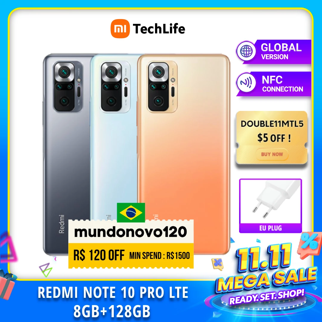 Najtaniej Wersja Globalna Xiaomi Redmi Note 10 Pro LTE 4G - 8GB RAM 128GB NFC - Snapdragon 732G Smartphone Telefon Komórkowy Komórkowy