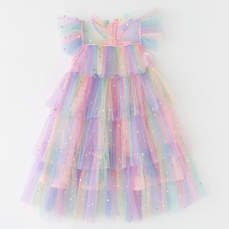 

Детская многослойная юбка с оборками, маленькая разноцветная сетчатая юбка с рукавами-фонариками для маленьких принцесс, лето 2023