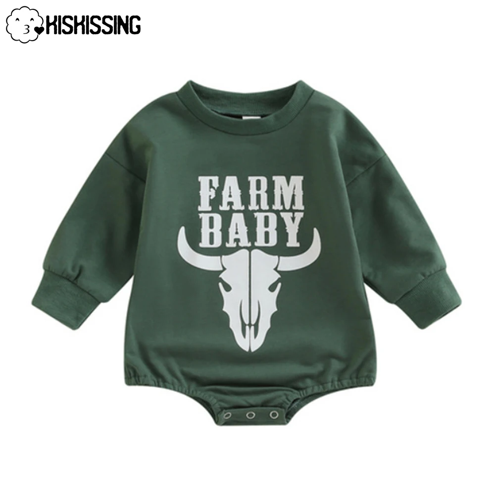 

KISKISSING Baby Romper Newborn Boys Girls Crewneck Sweatshirts 3-Color Long Sleeve Cartoon Farm Cow Letter Print Bodysuit 0-12M