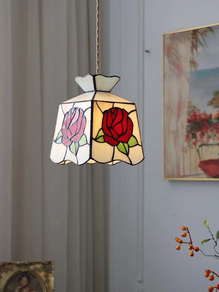 

American Japanese Vintage Stained Glass Tiffany Rose Balcony Cafe Restaurant Homestay Study Aisle Small Chandelier
