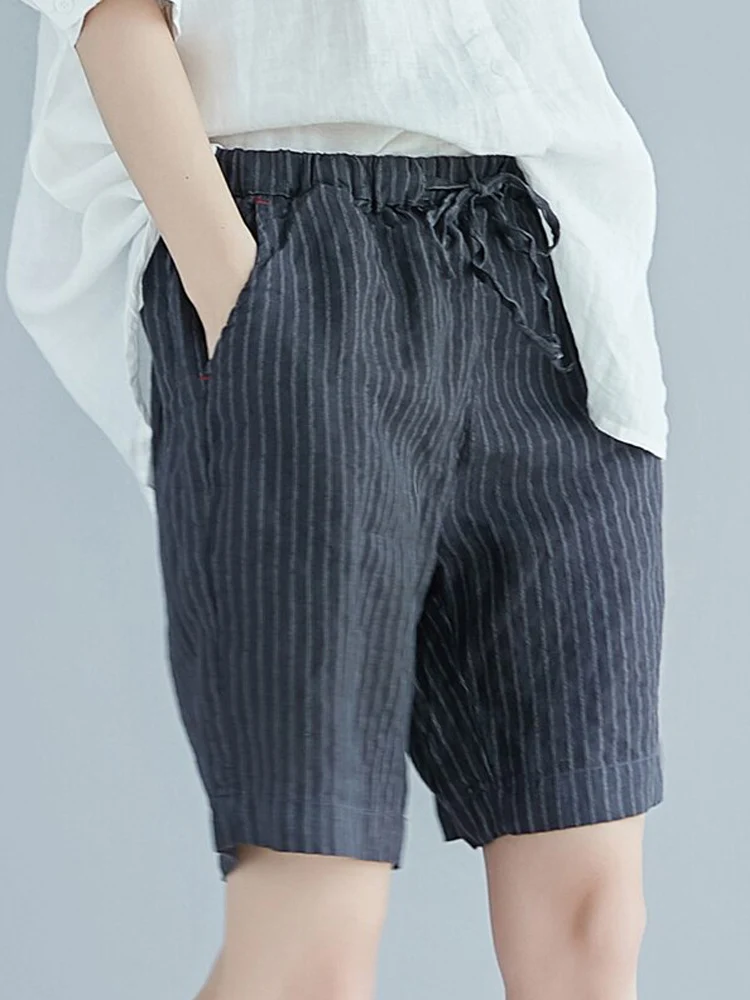 

New Loose Women Pocket Elastic Waist Belt Bandage Striped Shorts Women Summer Highstreet Casual Shorts Feminino Vintage