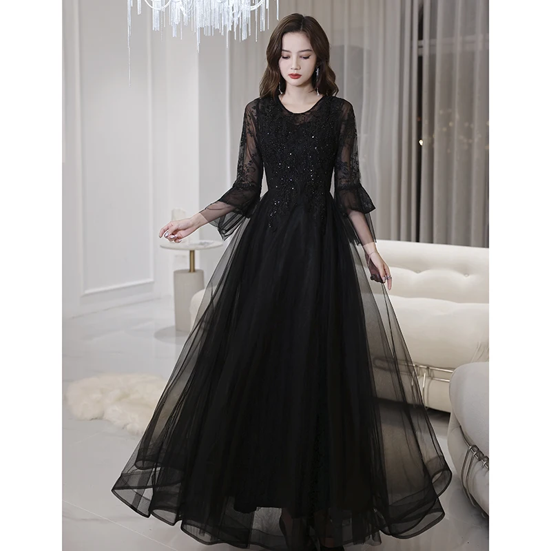 Черные платья для выпускного 2023, элегантные роскошные длинные женские вечерние платья из тюля с круглым вырезом и аппликацией