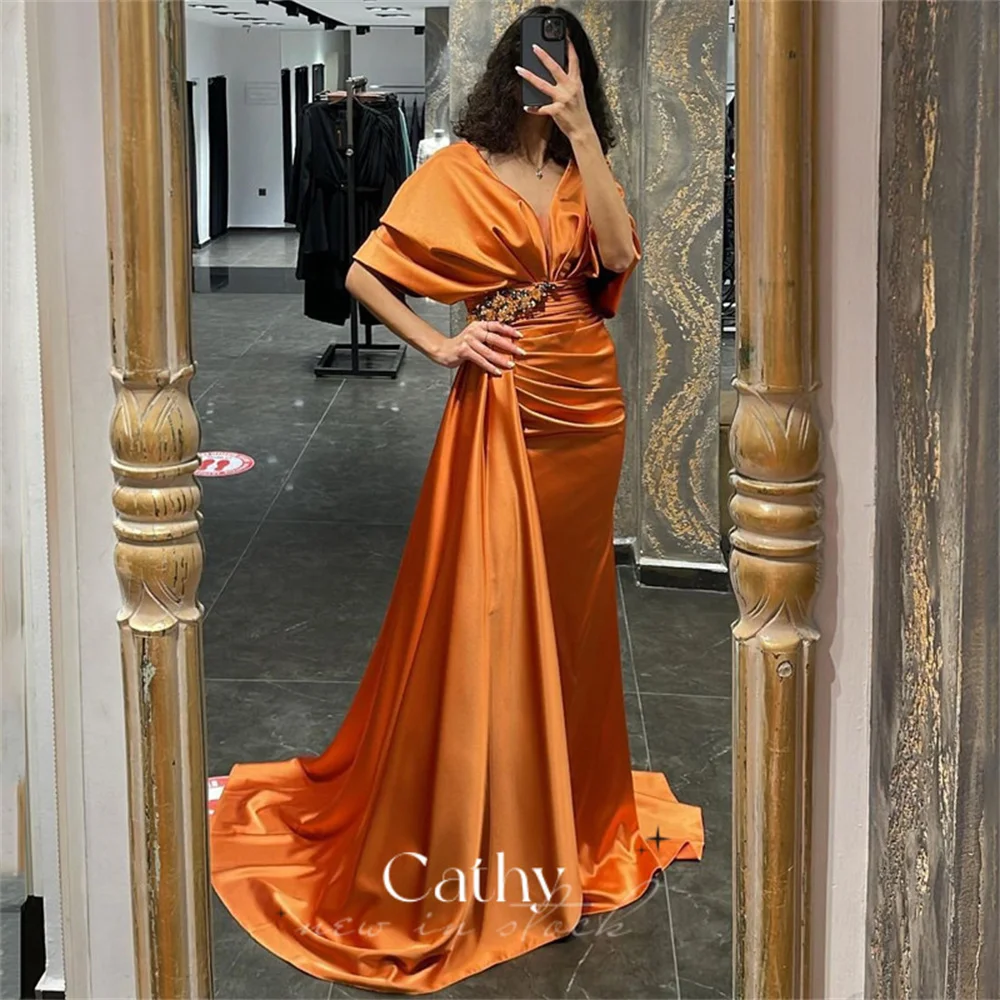 

Cathy Elegant Cape Sleeve Prom Dress Sexy Mermaid Evening Dress Silk Satin Trumpet Prom Gowns Sexy Floor Length فستان سهرة