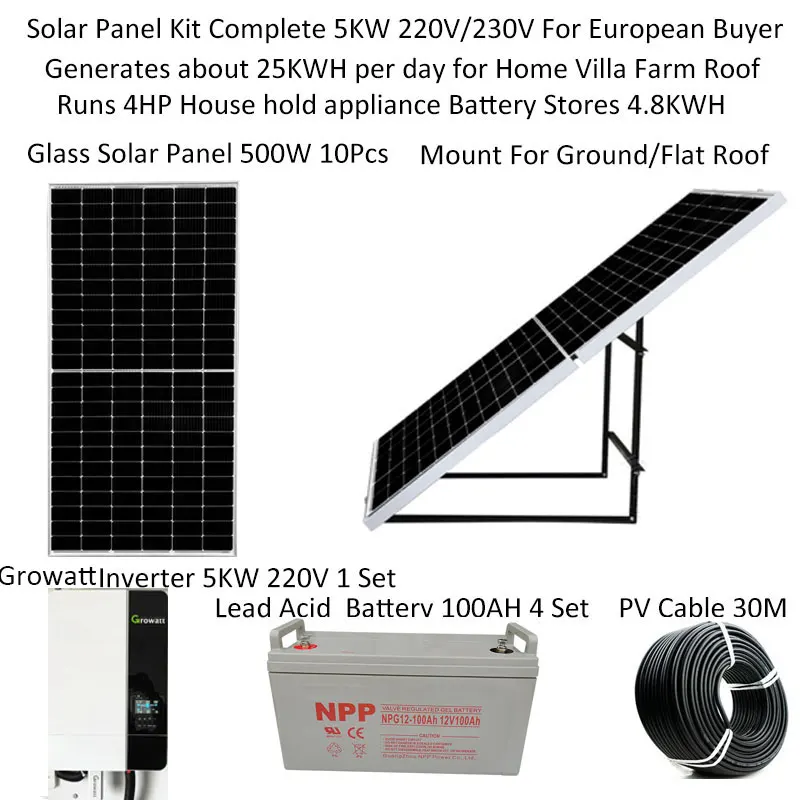 

Photovoltaic Kit With Battery 100AH 5000W 5KW 220v 110V Solar Panel Mount Growatt Hybrid Inverter Off Grid System 4HP Home RV