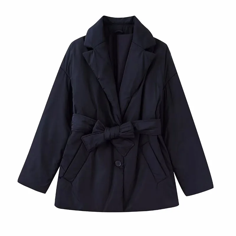 

2022 Winter Jacket Fashion Belt Accessories Black Cotton Coat Vintage Side Pocket Long Sleeves Female Outerwear Chic Overshirt