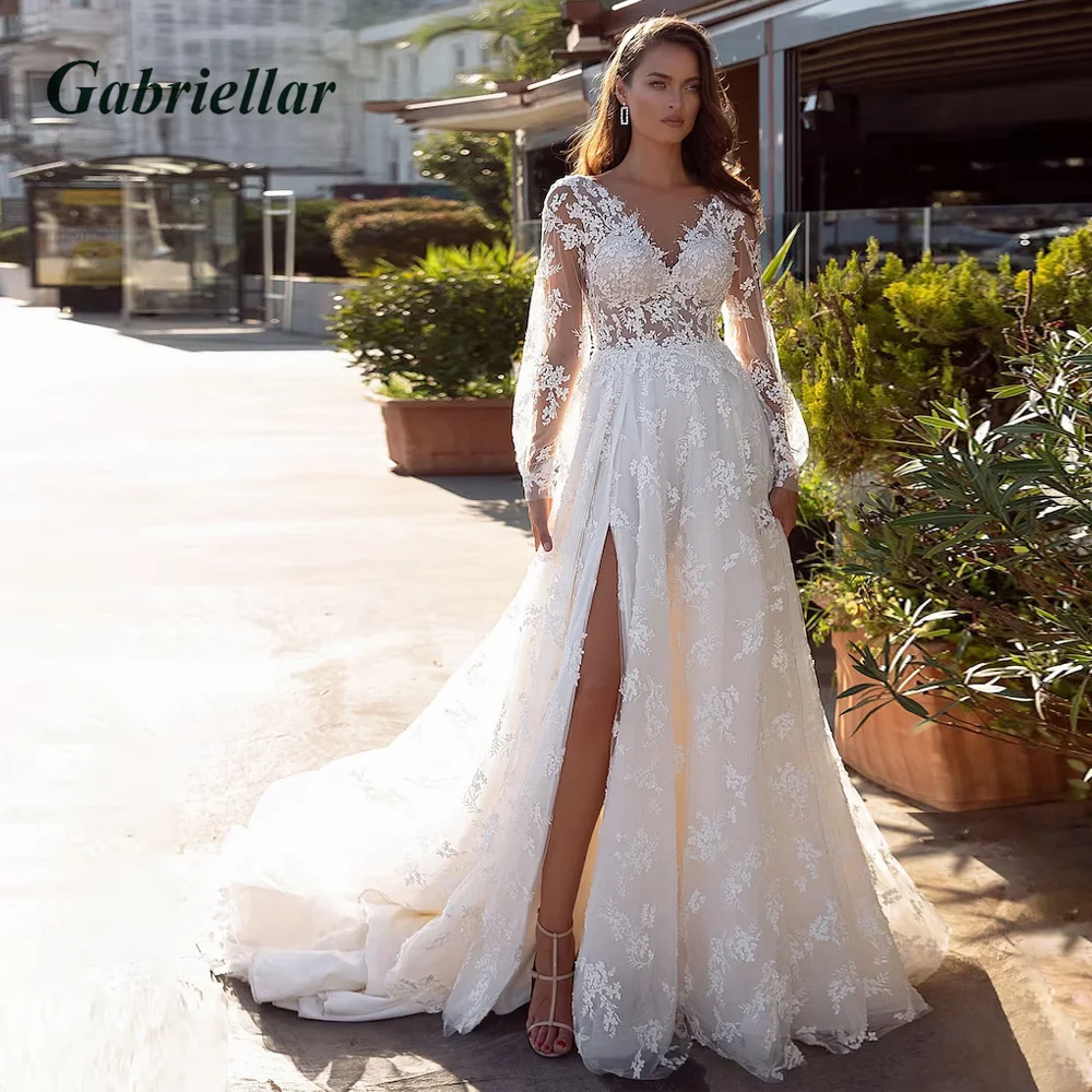 

Gabriellar Gorgeous Wedding Dress Split Lace Appliques Lantern Sleeves V-Neck Backless Sweep Train For Women 2023 Robe De Mariée