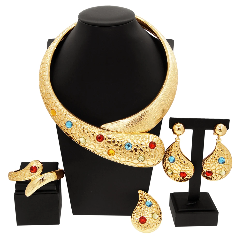 Dubai Woman Gold Plated Jewelry Set Colorful Artificial Stone Necklace Luxury Pendant Wedding Banquet Party Gift Italian Design