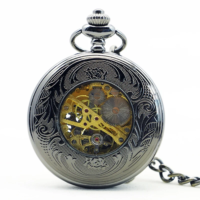 Unisex Vintage Charm Blue Roman Number Dial Mechanical Steampunk Pocket Watch Hand Wind Necklace Pendant with Chain Gifts