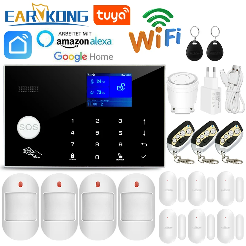 Tuya WiFi GSM Alarm System 433MHz Smart Home Burglar Security Alarm RFID Touch Keyboard Temperature Humidity Alexa Google Home