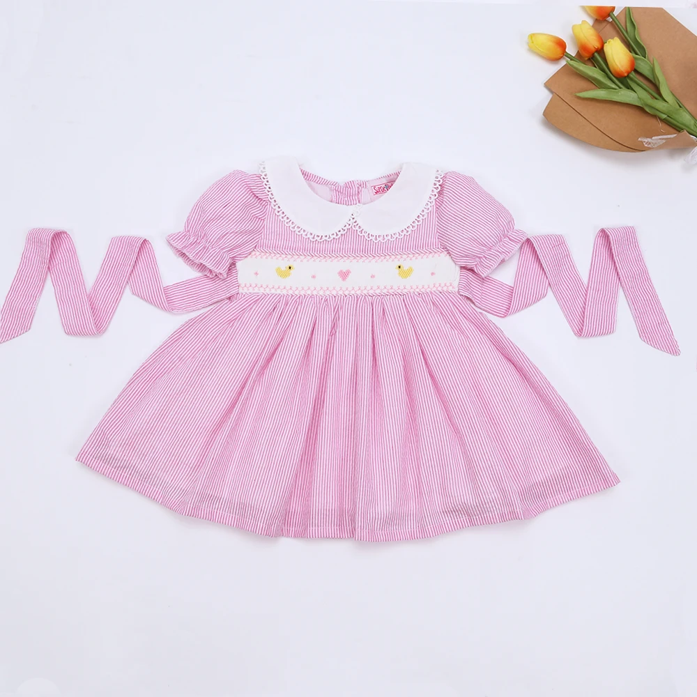 

2023 Smock Exquisite Summer Cotton Pink Stripe Short Sleeved Round Neck Dress Chick Embroidery Girl Skirt Bow Binding Clothes