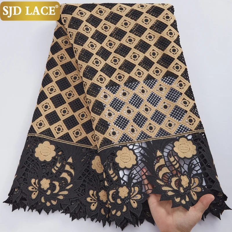 SJD LACE Black Gold African Lace Fabric With Stones Guipure Cord Lace Fabric High Quality Water Soluble Skinly Wedding Sew A2881