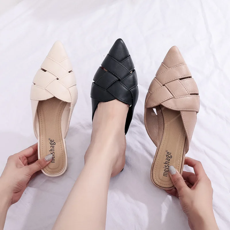 

2022 Summer New Solid Color Fashion Wholesale Pointed-Toe Fashion Women's Low-Heeled Ladies Slippers