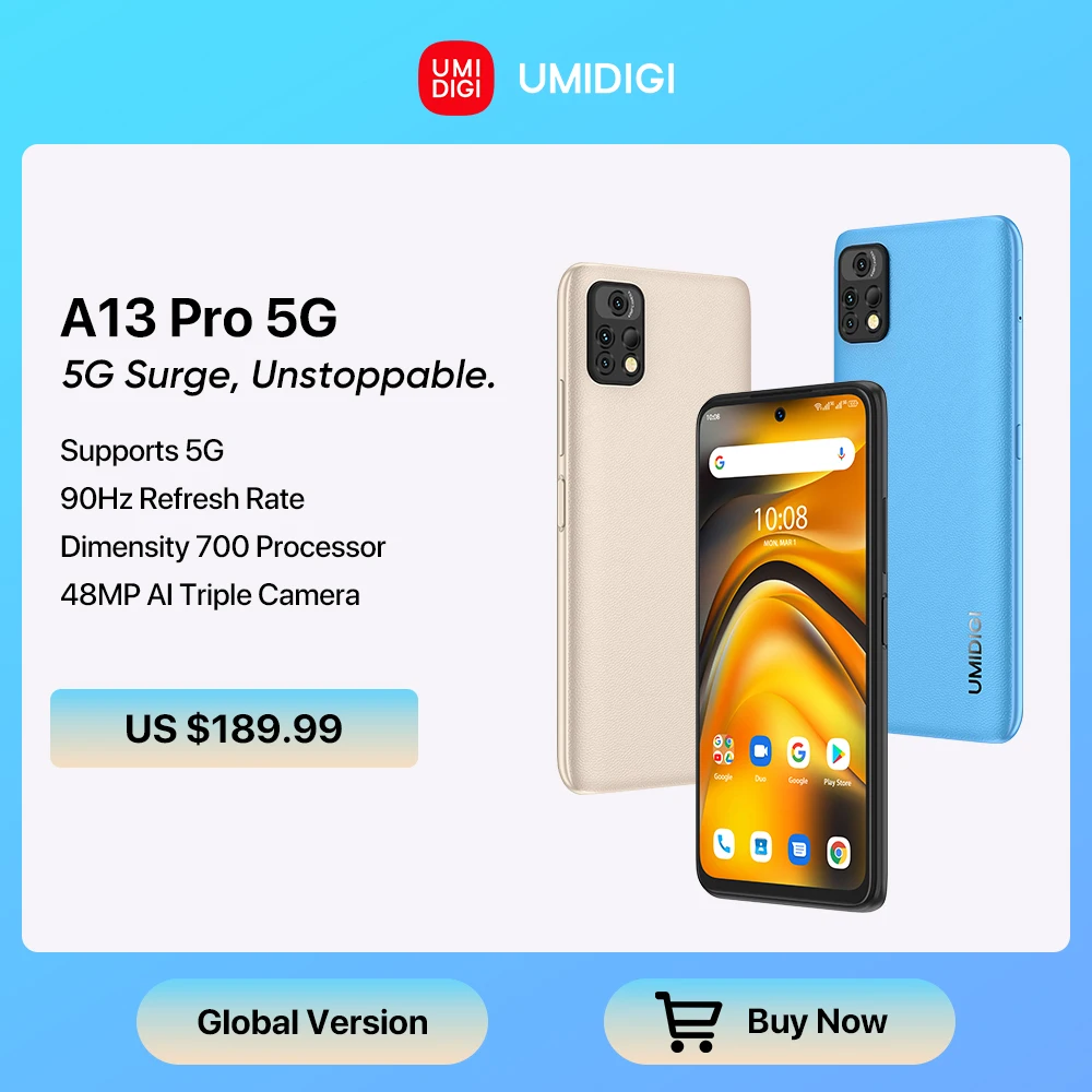 In Stock UMIDIGI A13 Pro 5G Android 12 Smartphone Dimensity 700 90Hz 8GB 128GB 48MP Triple Camera 6.5'' FHD+ Display 5150mAh