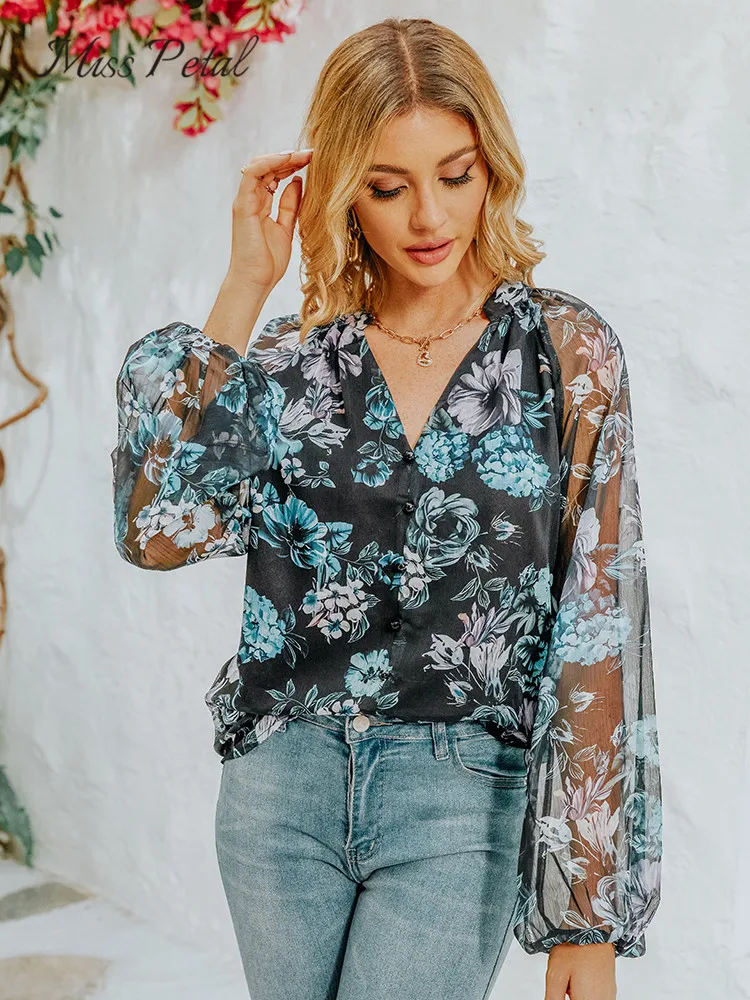 

Женская шифоновая рубашка с цветочным принтом, Повседневная рубашка с V-образным вырезом и длинным рукавом, блузка на пуговицах, уличная оде...