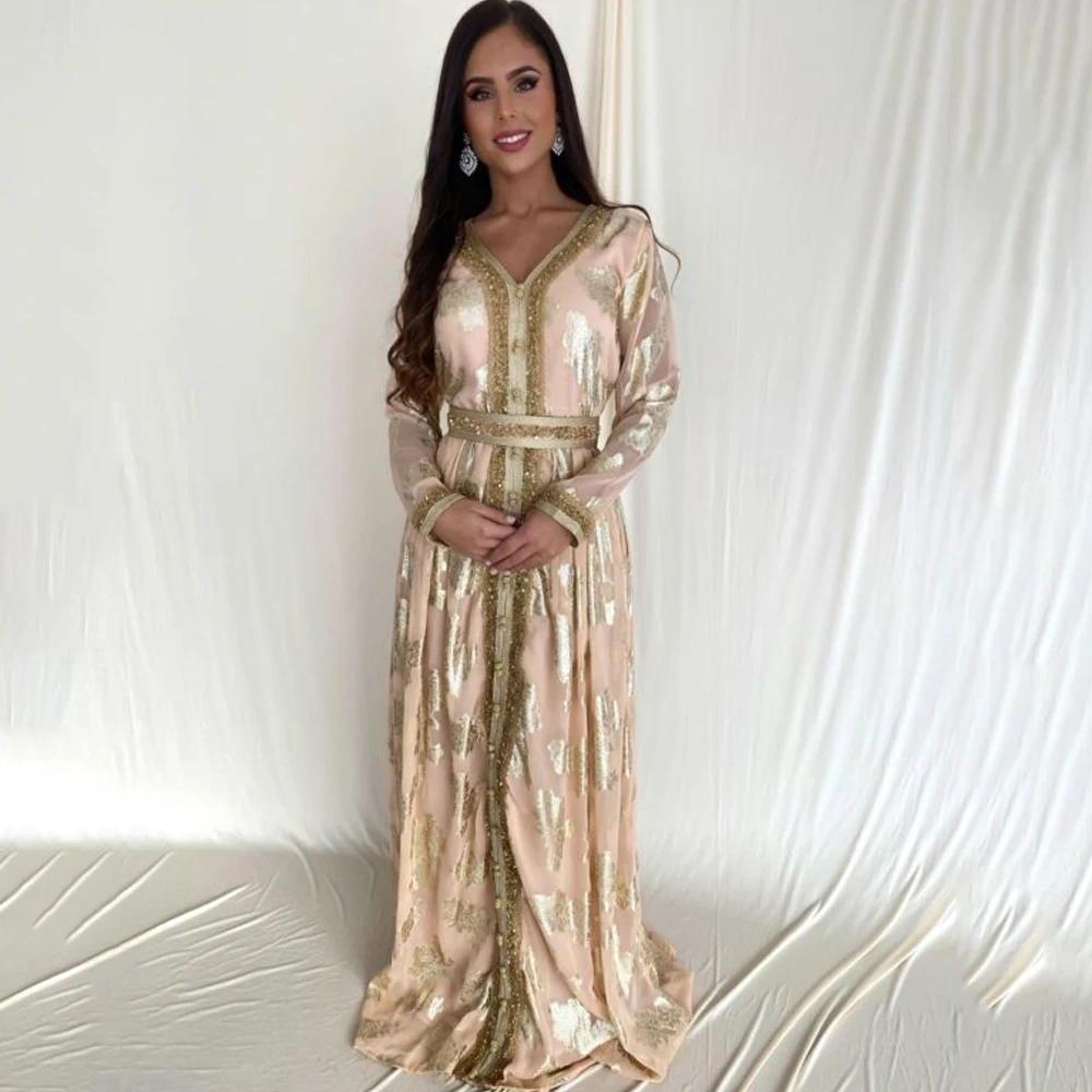 

Laxsesu Moroccan Arabic Evening Dresses Dubai Saudi Exquisite Sequins Appliques V-neck Long Full Sleeves Women Prom Gown