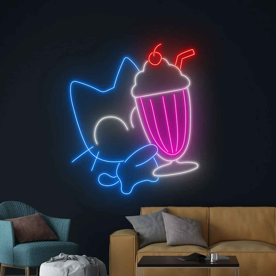 Молочная кошка неоновая вывеска мультяшная молочный чай комната для напитков