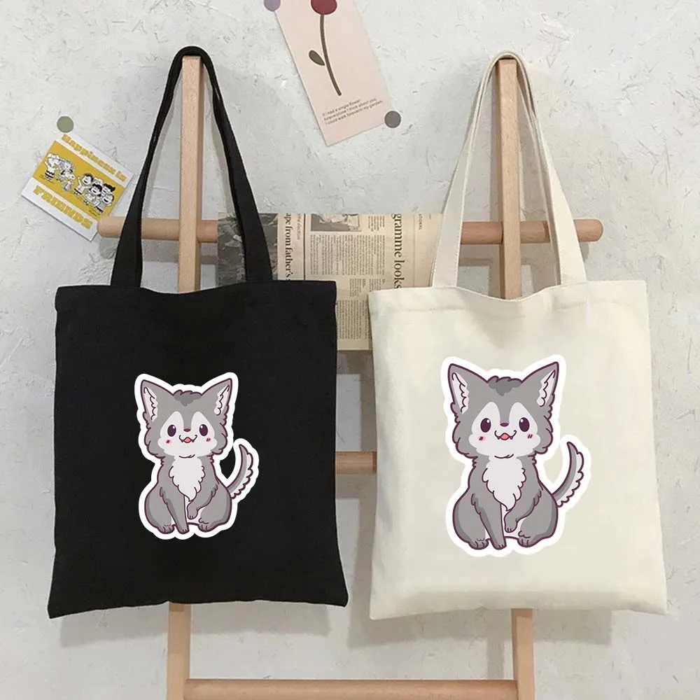 

Cute Baby Wolf Sticker Cartoon Printed Tote Bags for Women Canvas Shopping Bag Eco Large Capacity Reusable Handbags