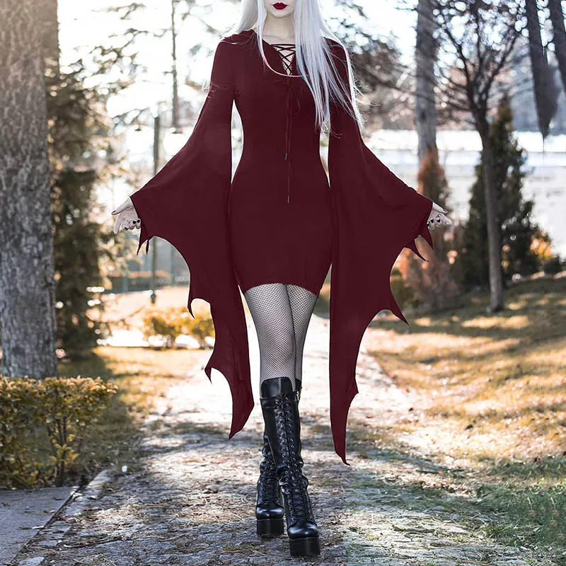 

Women Dresses Halloween Gothic Dress Lace Up Vampire Costume Sexy Slim Batwing Sleeves Renaissance Medieval Dresses Luxurious