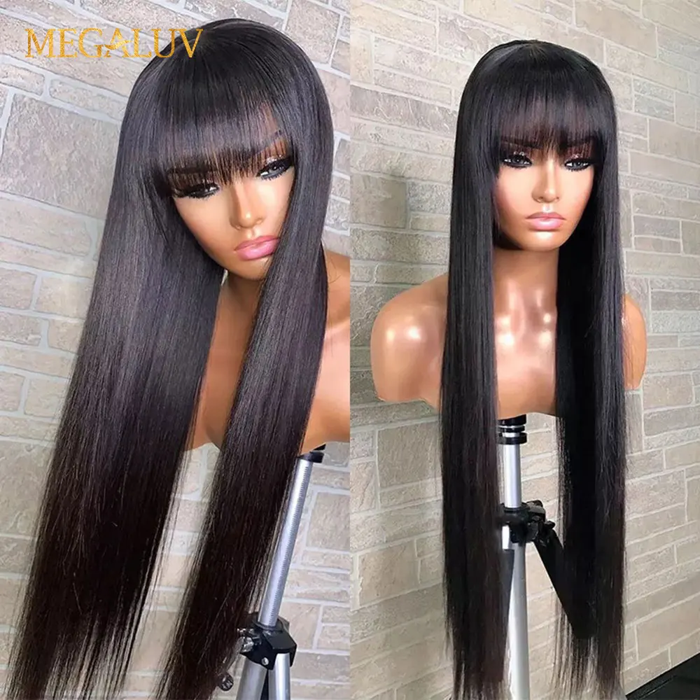 28 30 Inch Long Straight Human Hair Wig With Bangs Glueless Full Machine Made Wigs 180 Density Wear And Go Wig Fast Shipping