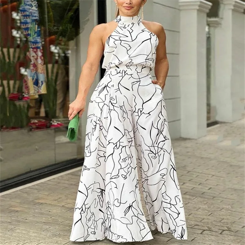2022 Wholesale Summer Women's Temperament Elegant Waist Tie Sleeveless Halter Trousers Printed Jumpsuit