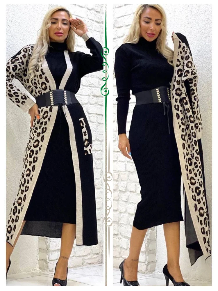 Cotton Knitted Set Dress and Cardigan Winter Women Fashion Elastic Waist Free Size Relax Big Plus Size Muslim Modest Long Dress