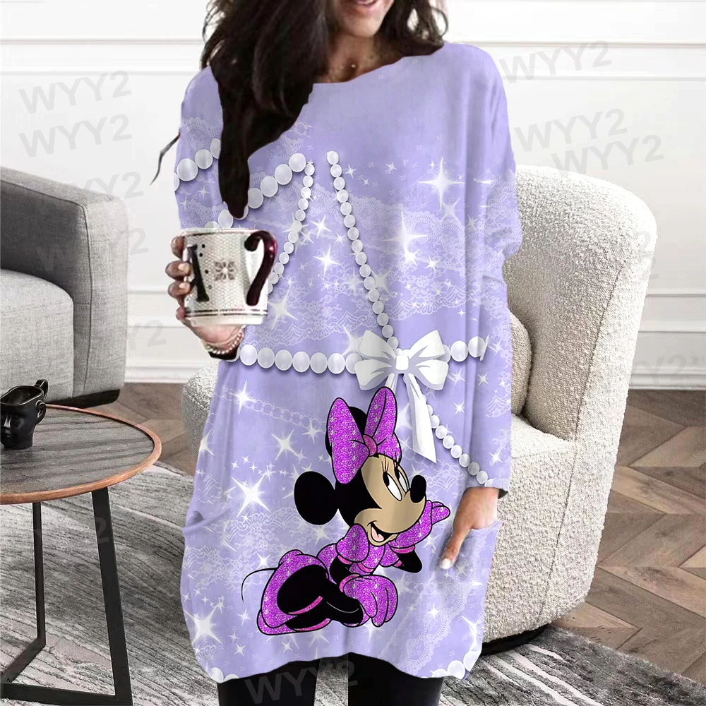 Autumn And Winter Round Neck Slim Fit Pullover Loose Top Minnie Print T-shirt Women Daily Street Retro Elegant Long Sleeve