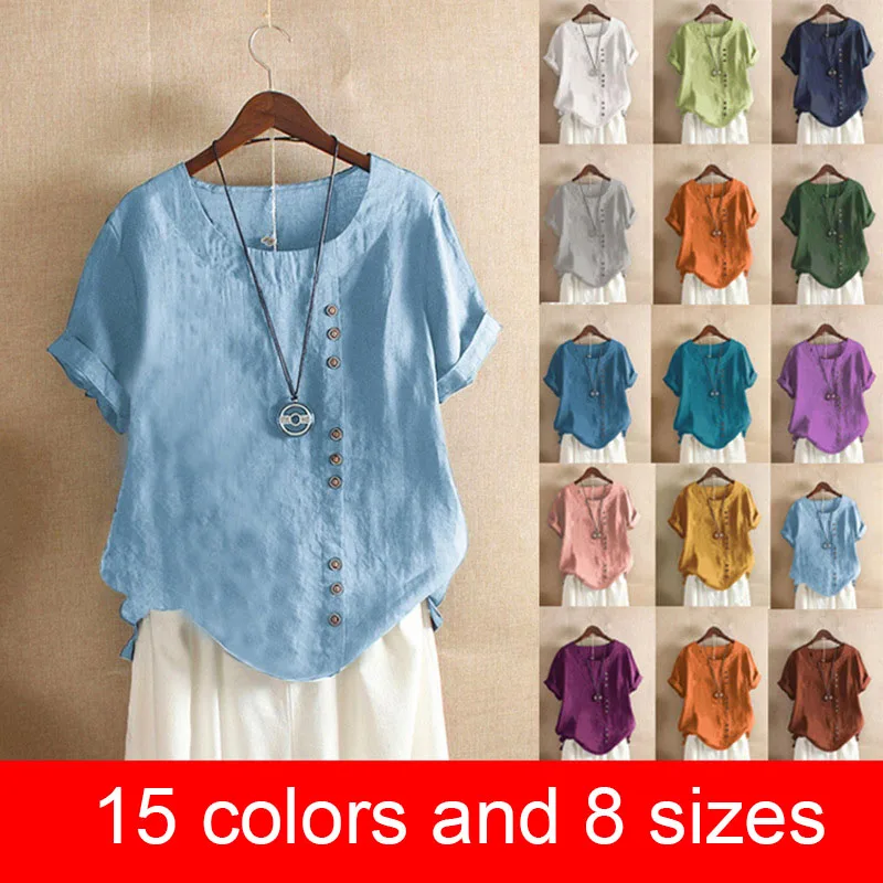 2022 new Summer O Neck Short Sleeve Blouse Women Cotton Linen Shirt Casual Loose Buttons Tops Femininas Blusas Work Top Chemise