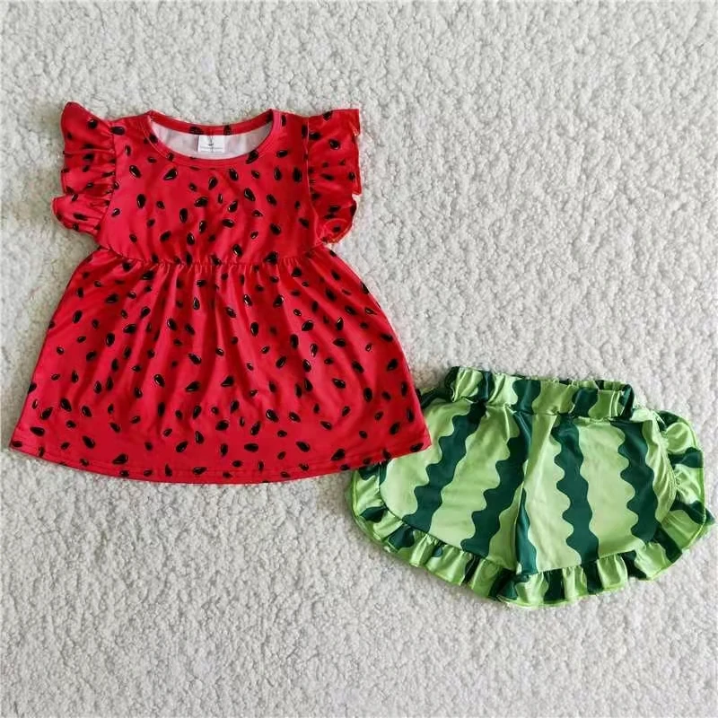 

fashion style newborn baby girl cute watermelon red flutter sleeve top and green shorts children girl boutique outfit summer