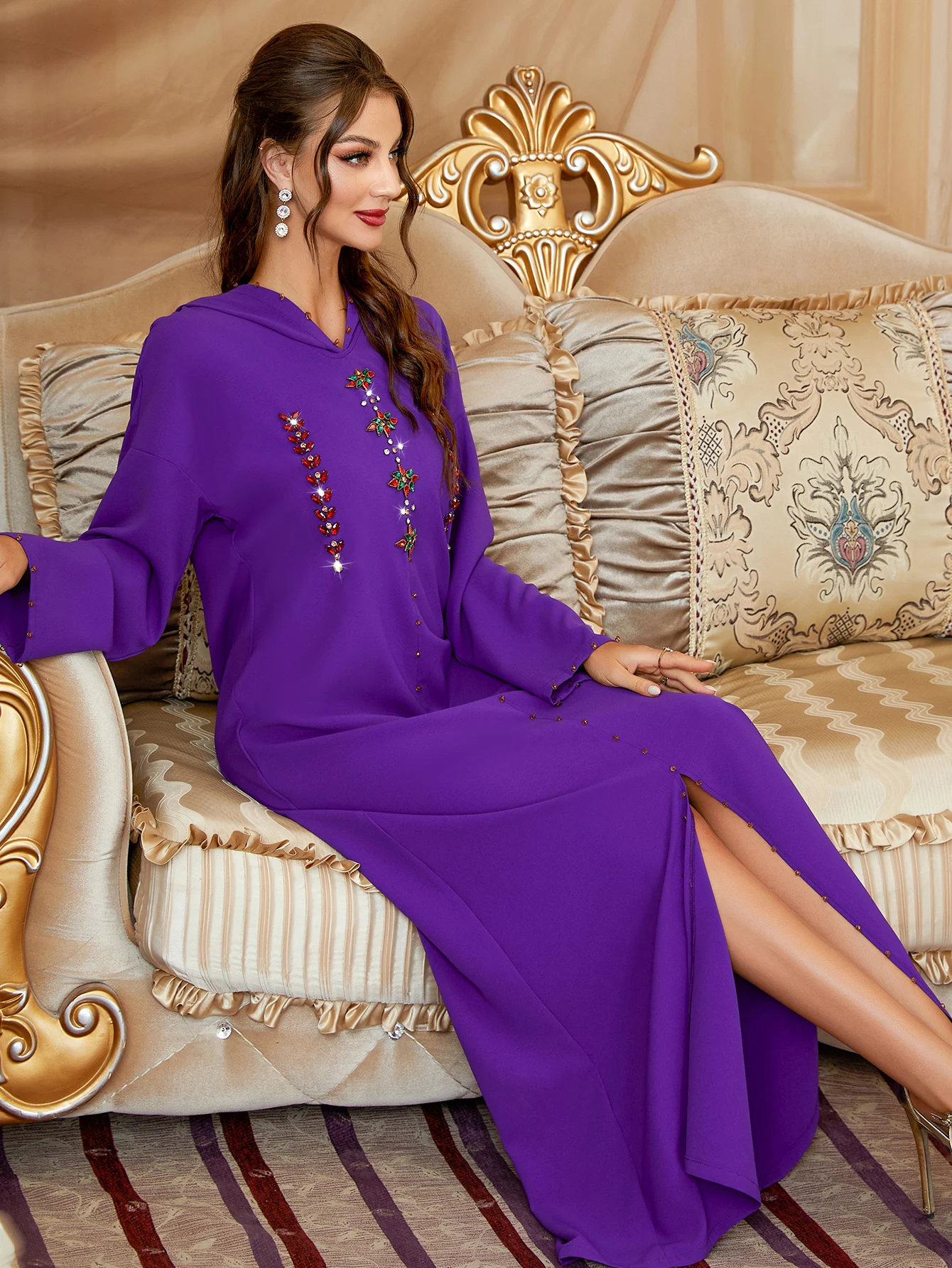 

BA303 dark purple hooded hand sewn drill women's gown dress