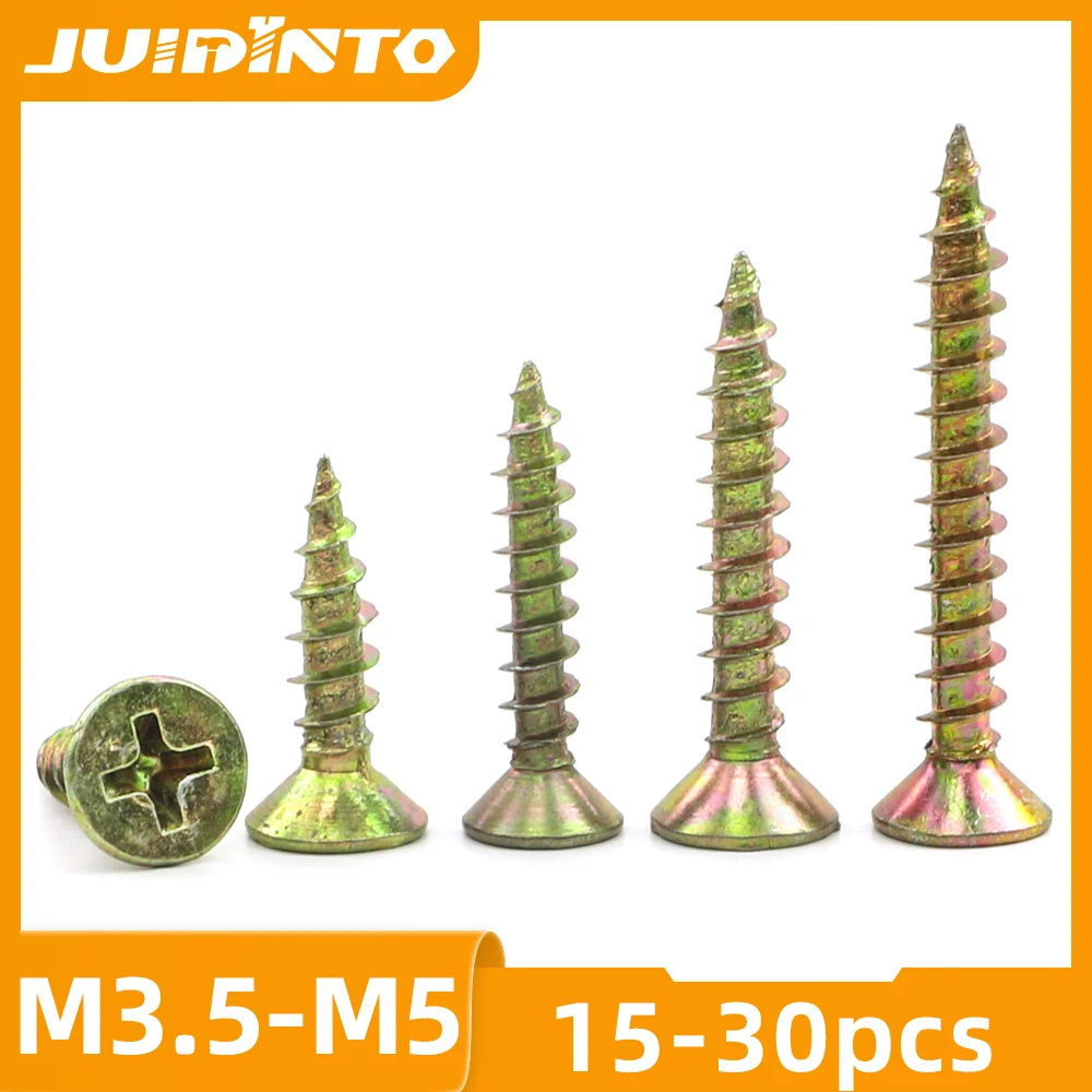 

JUIDINTO 15-30pcs Wood Screws Fiberboard Screw Nails M3.5 M4 M5 Yellow Zinc Self Tapping Wood Screw For Cabinet Chipboard Screw