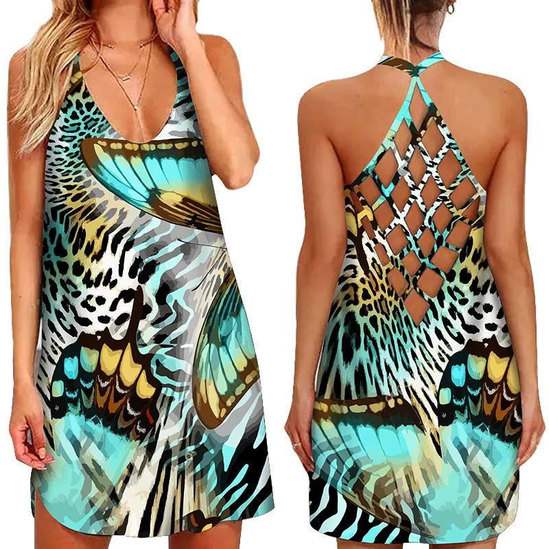 

2022 New Summer Sexy Dress Women Fashion Print O Neck Sleeveless Party Dress Casual Backless Ladies Beach Sundress Dress