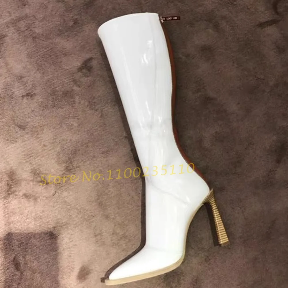 

Wooden Heel Knee High Boots Women Back Zipper Patent Leather Splicing Boots White Black Elegant Autumn Fashion Women High Boots