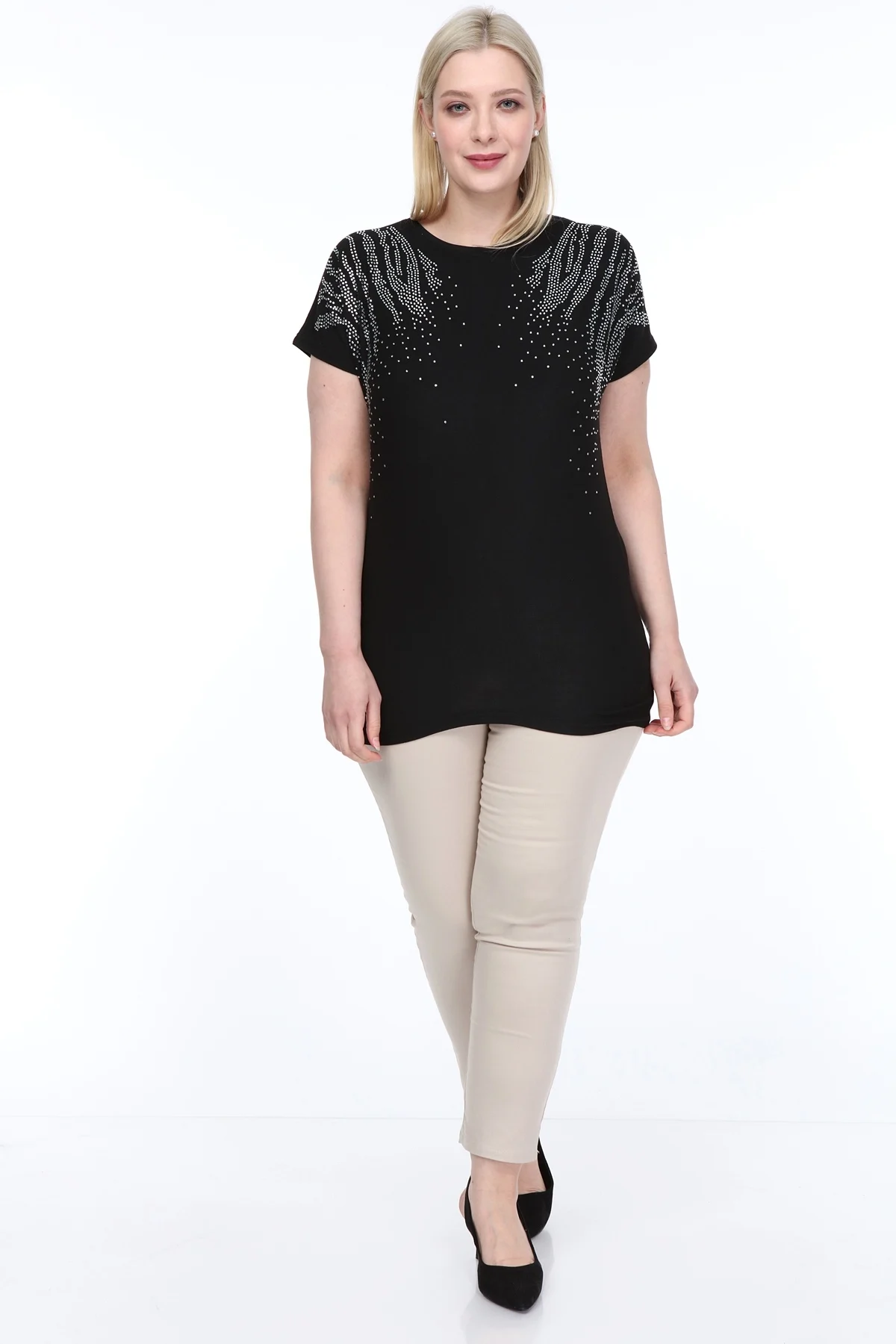

Diaves Women Summer Fashion Plus Size O-Neck Mineral Stone Designed Design Viscose Black Blouse Turkish Qual